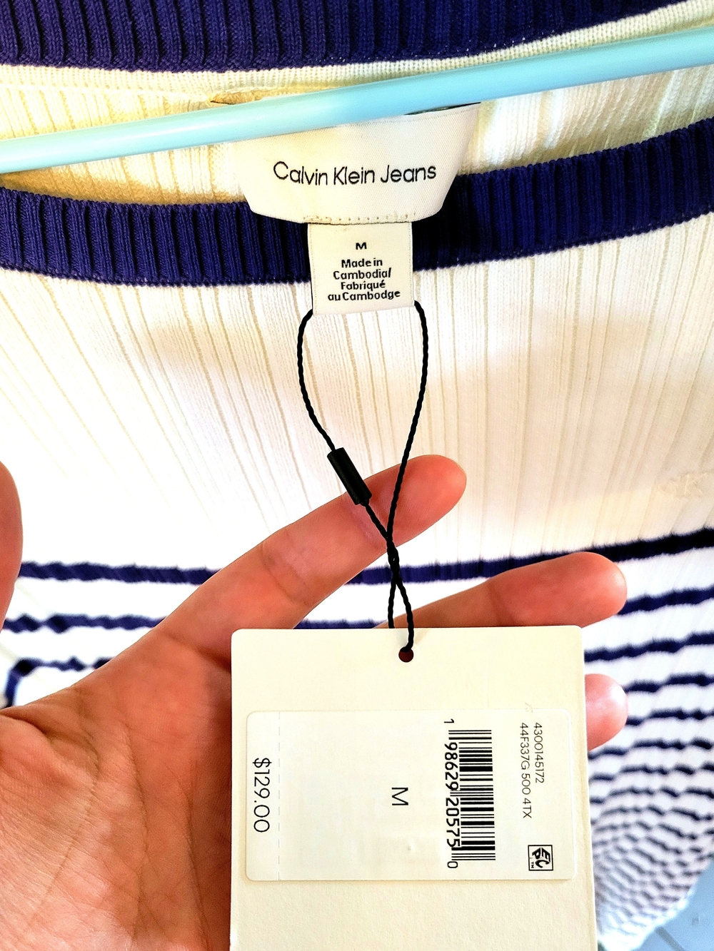 NWT Calvin Klein Jeans White and Navy Striped Rib Knit Dress - Picture 5 of 11